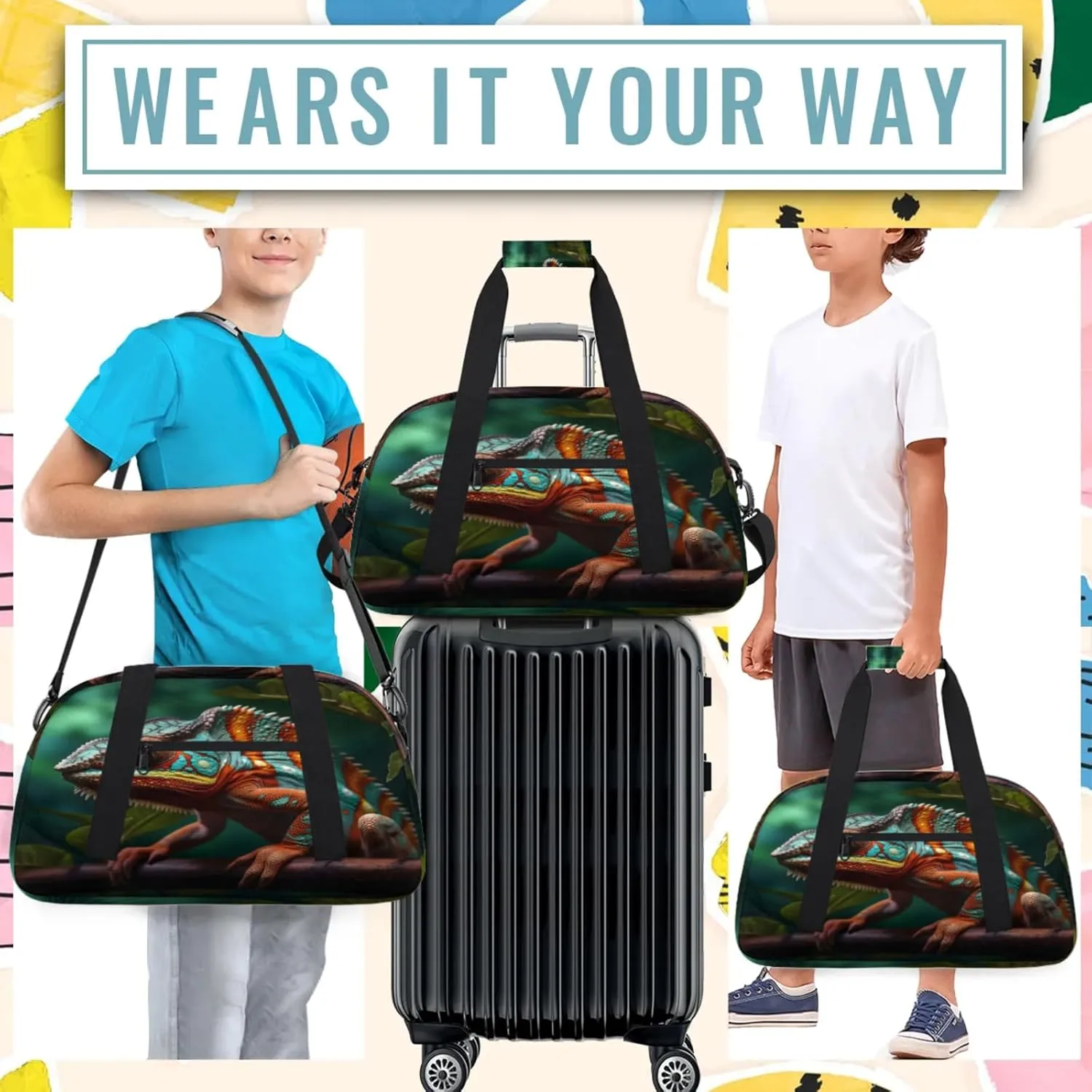 Jungle Lizard Small Gym Bag 18 inch Carry On Duffel Bag for Weekender Travel Sports Workout Yoga Gymnastics Dance Ballet