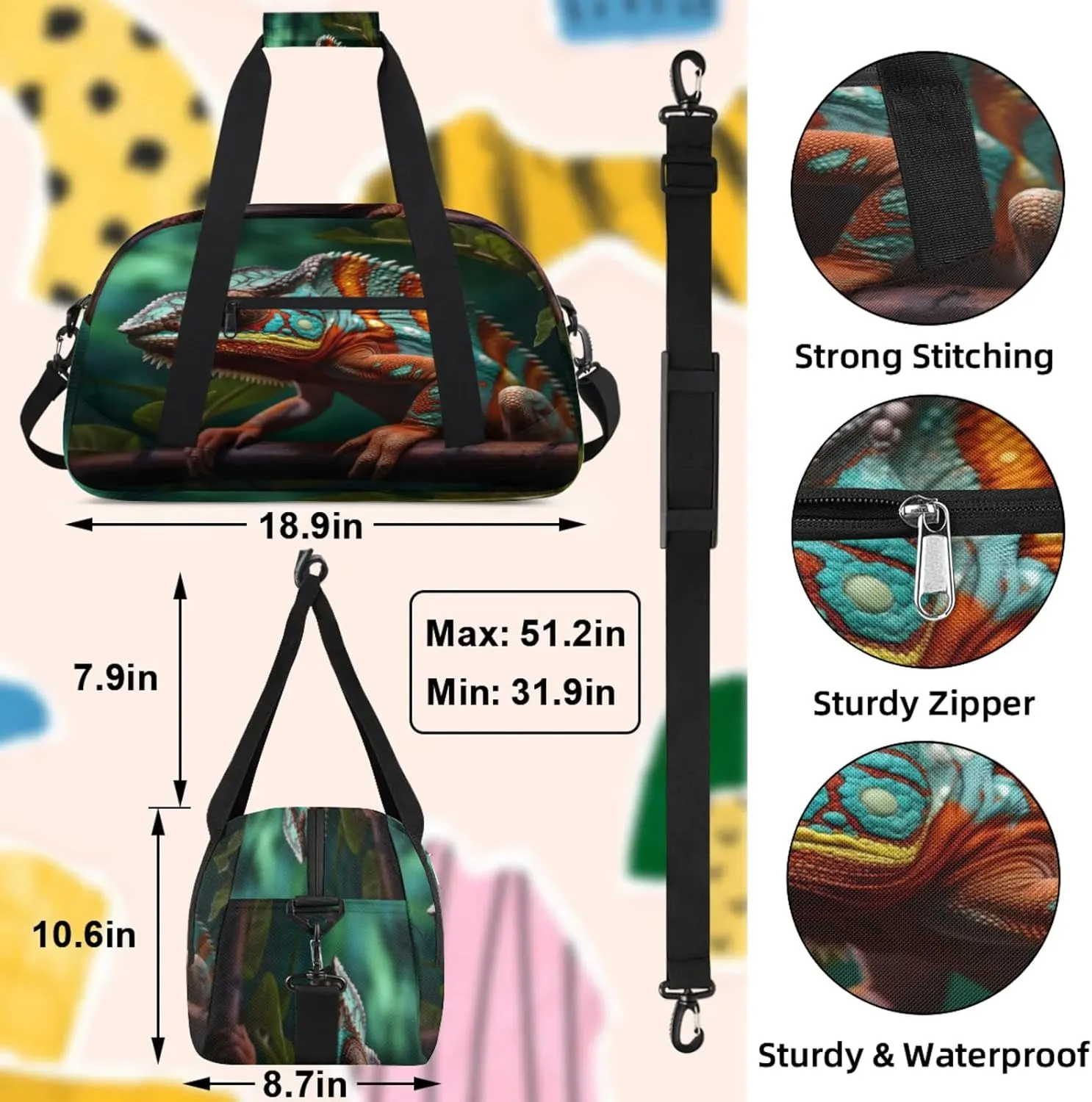 Jungle Lizard Small Gym Bag 18 inch Carry On Duffel Bag for Weekender Travel Sports Workout Yoga Gymnastics Dance Ballet