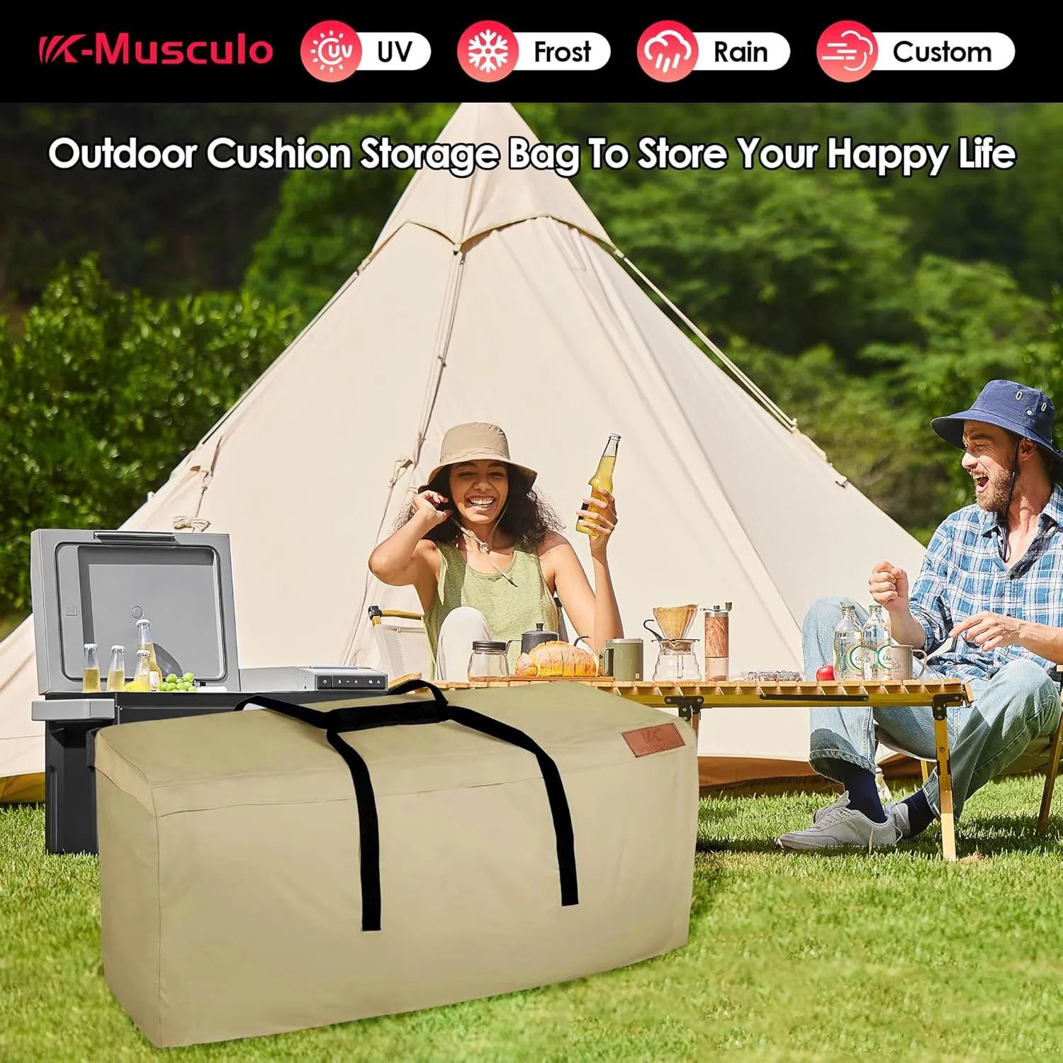 K-Musculo Outdoor Cushion Storage Bag, Waterproof Upgrade 420D Oxford Cloth with Handles Protective Zipper,Patio Cushion Storage Bag(khaki 60" x 20" x 28")