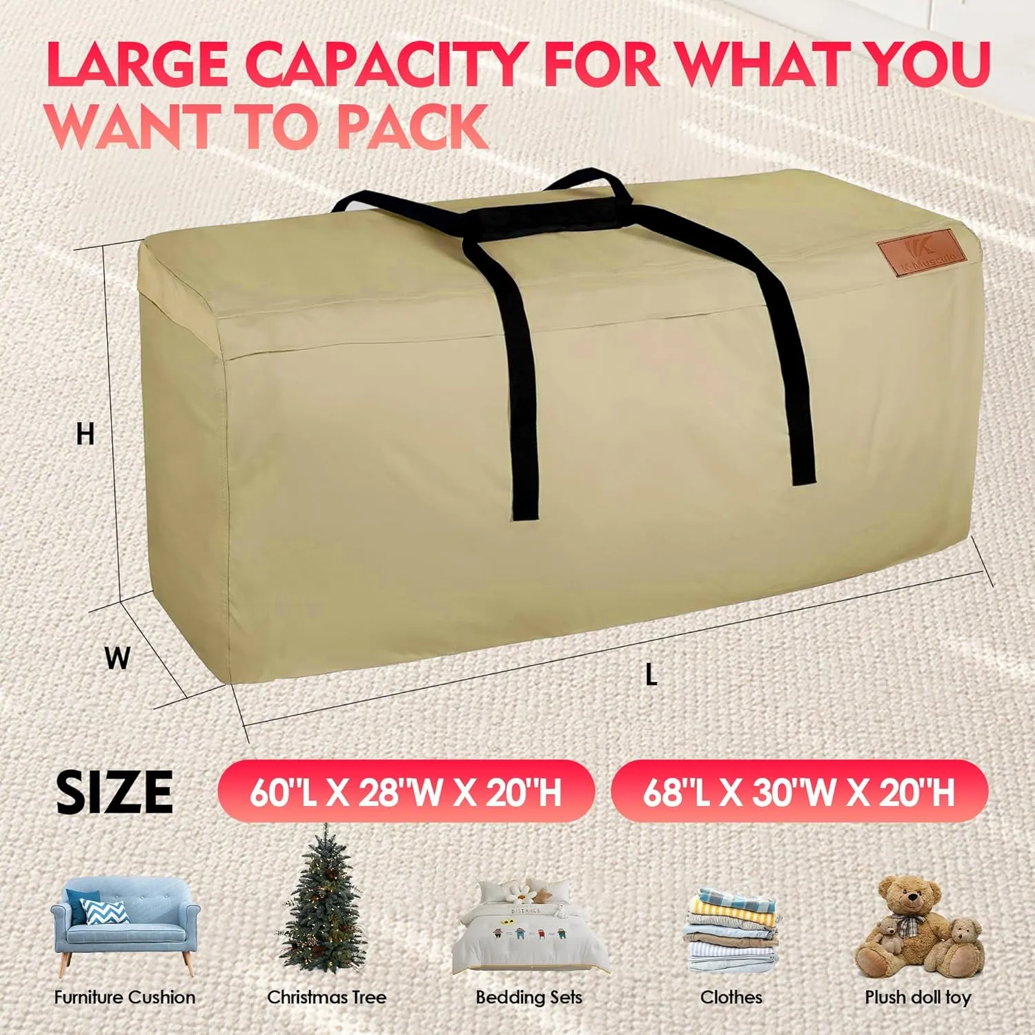 K-Musculo Outdoor Cushion Storage Bag, Waterproof Upgrade 420D Oxford Cloth with Handles Protective Zipper,Patio Cushion Storage Bag(khaki 60" x 20" x 28")