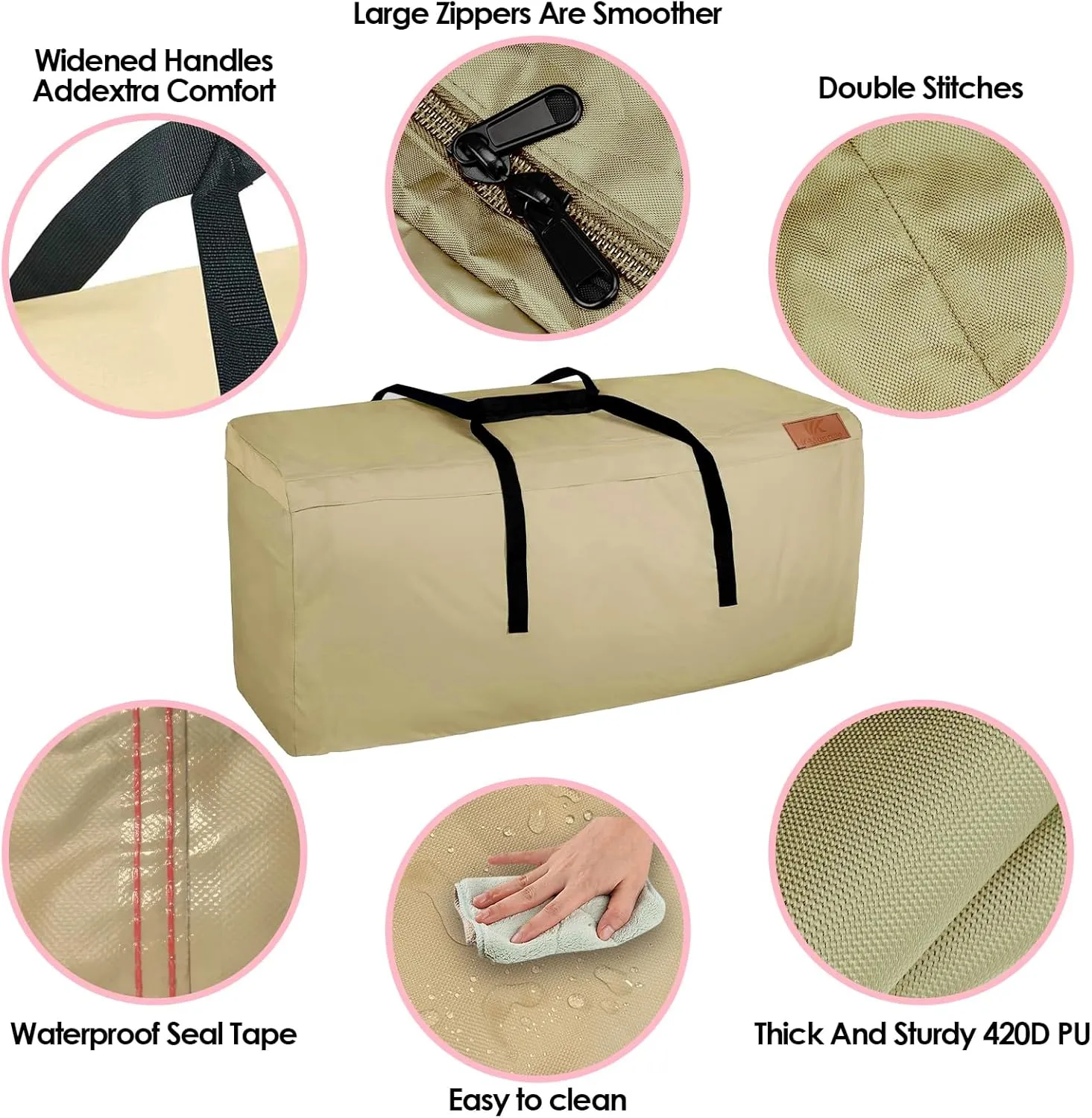K-Musculo Outdoor Cushion Storage Bag, Waterproof Upgrade 420D Oxford Cloth with Handles Protective Zipper,Patio Cushion Storage Bag(khaki 60" x 20" x 28")