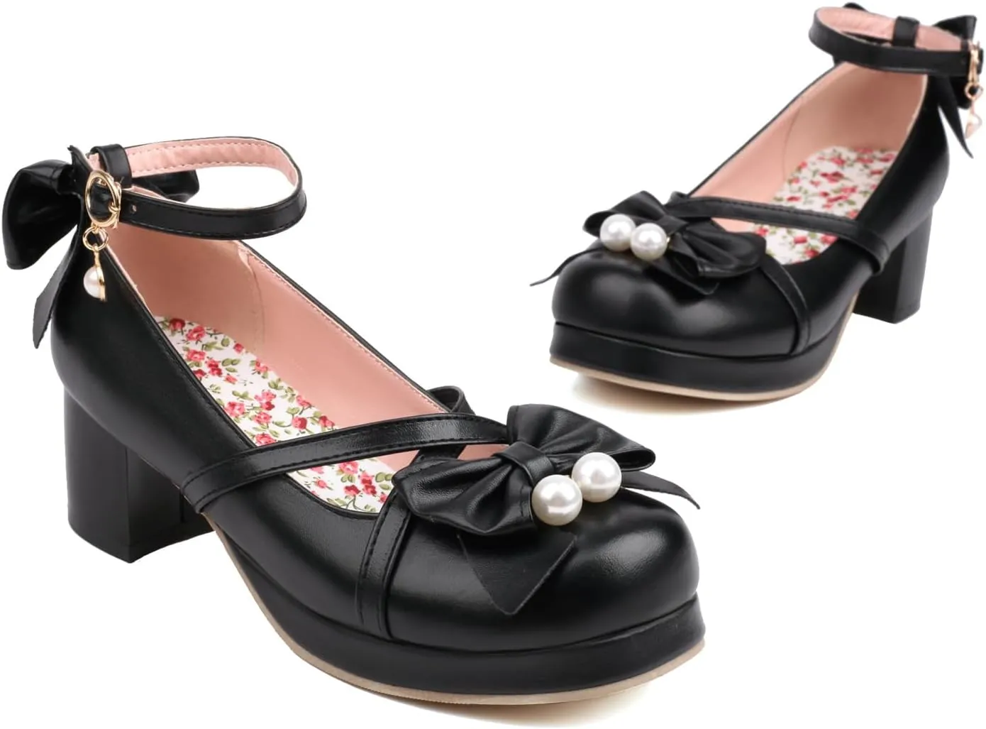 Kawaii Platform Shoes Mary Jane Chunky Heel Bowknot Ankle Strap Round Toe Mid Heel Pumps for Women Cute Closed Toe Strappy Dress Goth Shoes