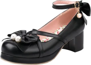 Kawaii Platform Shoes Mary Jane Chunky Heel Bowknot Ankle Strap Round Toe Mid Heel Pumps for Women Cute Closed Toe Strappy Dress Goth Shoes