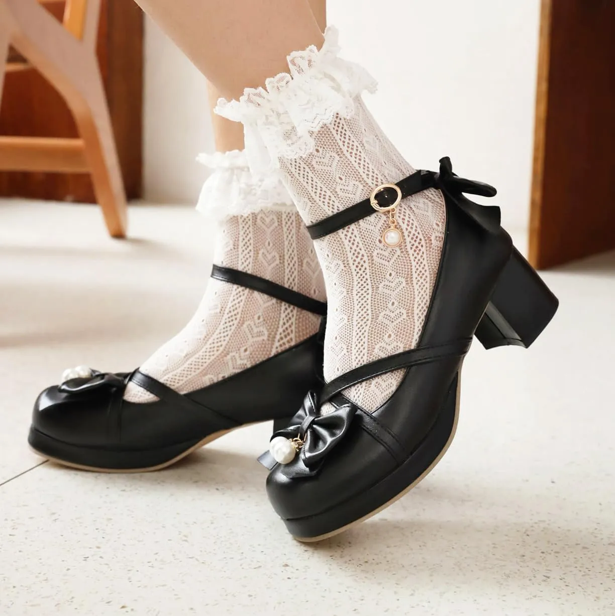 Kawaii Platform Shoes Mary Jane Chunky Heel Bowknot Ankle Strap Round Toe Mid Heel Pumps for Women Cute Closed Toe Strappy Dress Goth Shoes