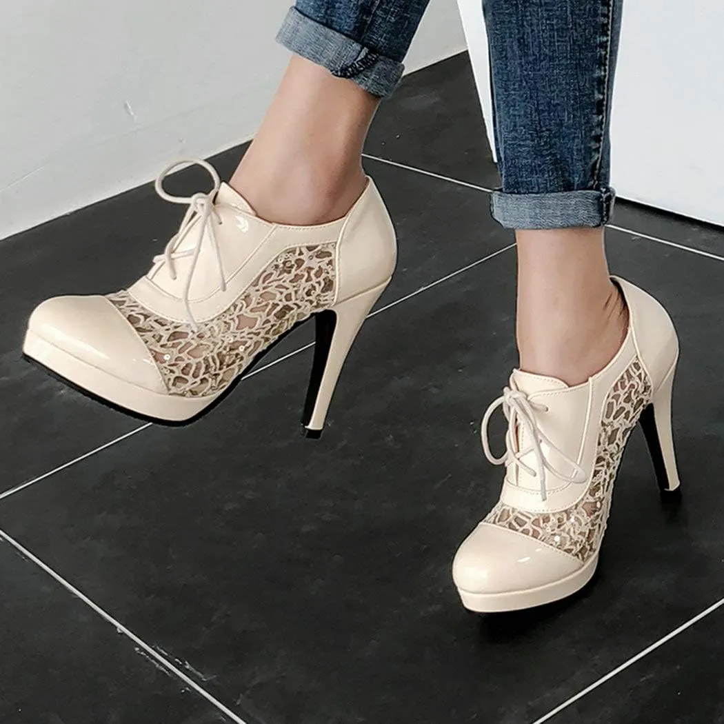 KIKIVIVI Womens Platform Stiletto Lace Up Pumps High Heel Round Toe Shoes