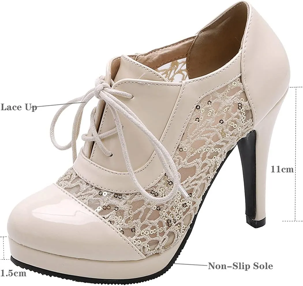 KIKIVIVI Womens Platform Stiletto Lace Up Pumps High Heel Round Toe Shoes