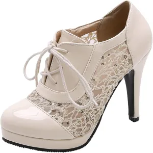 KIKIVIVI Womens Platform Stiletto Lace Up Pumps High Heel Round Toe Shoes