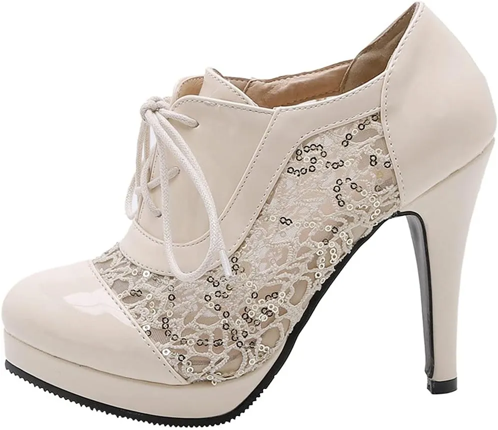 KIKIVIVI Womens Platform Stiletto Lace Up Pumps High Heel Round Toe Shoes