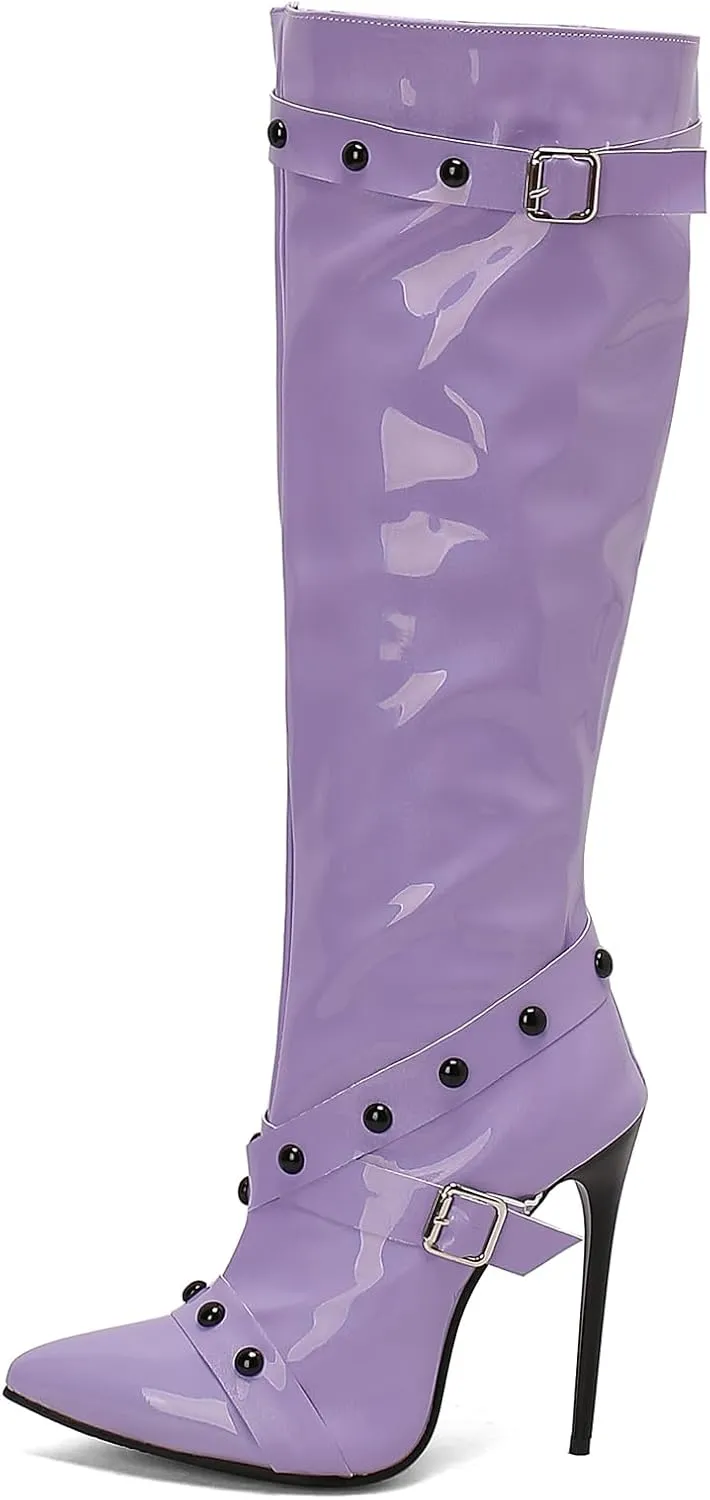 Kluolandi Studded Knee High Boots Women Stiletto High Heels Boots with Side Zipper Sexy Pointed Toe Long Boots