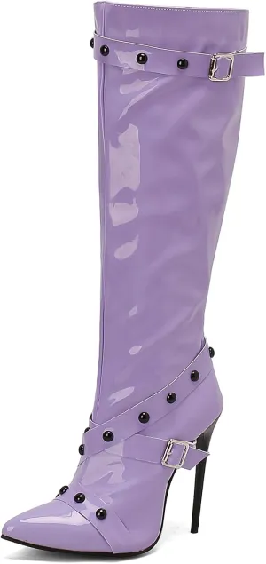 Kluolandi Studded Knee High Boots Women Stiletto High Heels Boots with Side Zipper Sexy Pointed Toe Long Boots