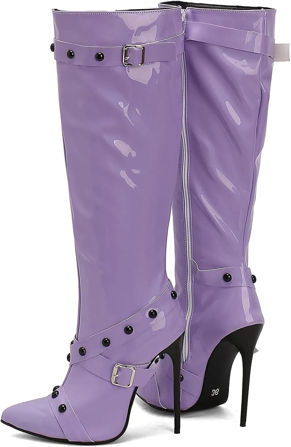 Kluolandi Studded Knee High Boots Women Stiletto High Heels Boots with Side Zipper Sexy Pointed Toe Long Boots