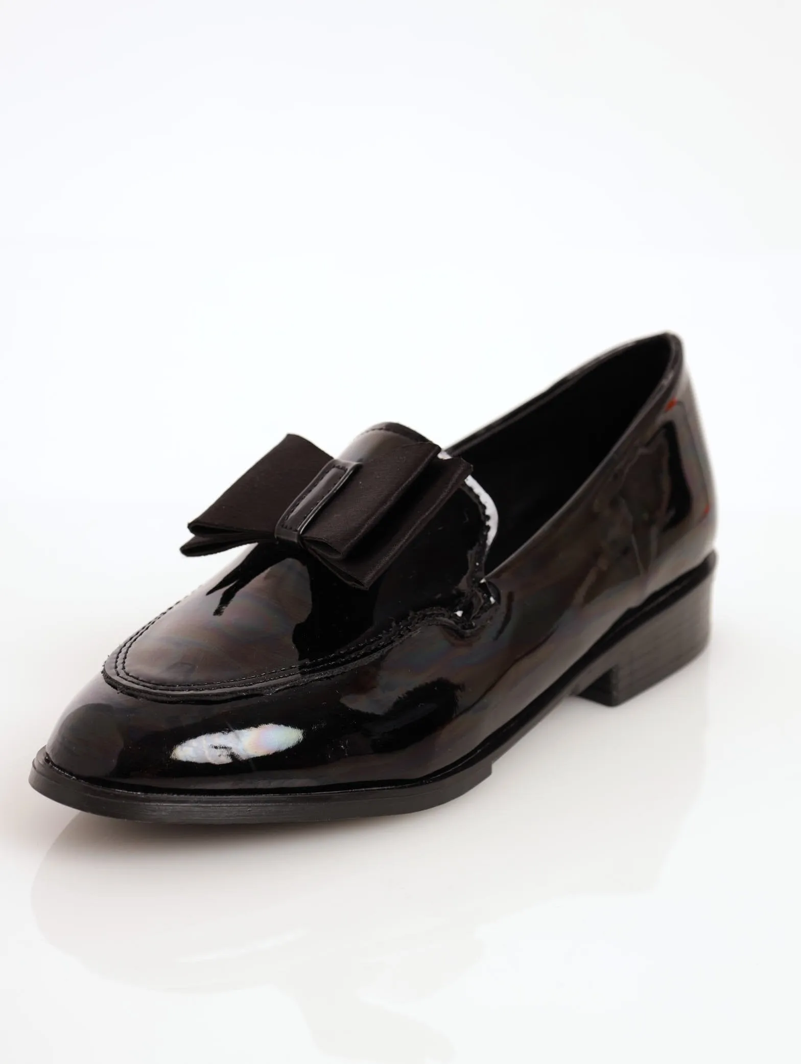 Ladies Patent Satin Double Flat Bow Loafer - Black