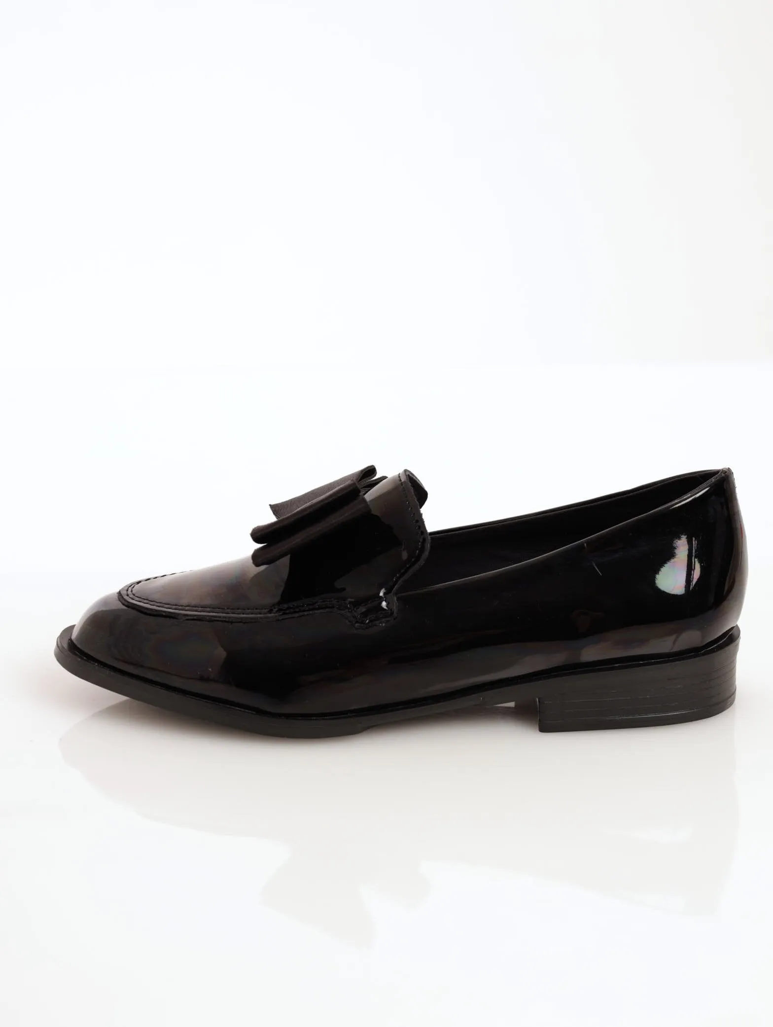 Ladies Patent Satin Double Flat Bow Loafer - Black