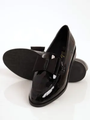 Ladies Patent Satin Double Flat Bow Loafer - Black