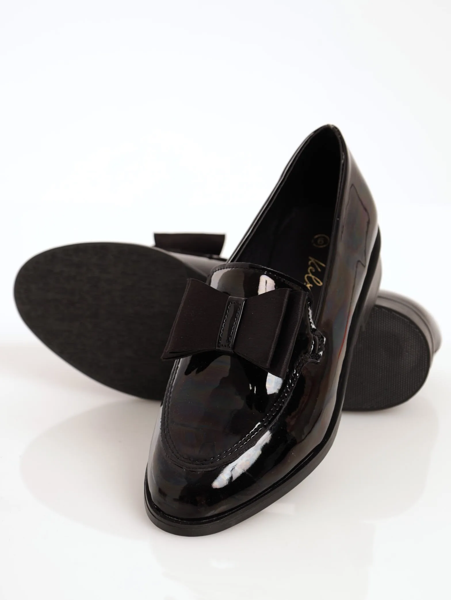 Ladies Patent Satin Double Flat Bow Loafer - Black