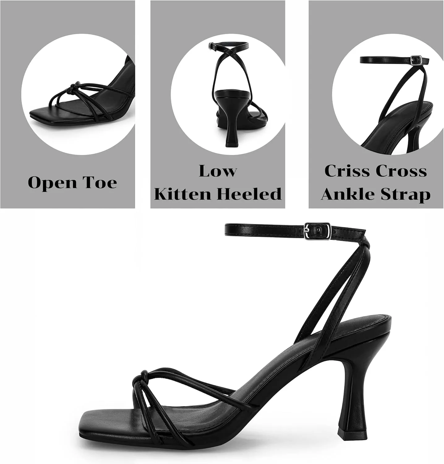 LAICIGO Women's Square Open Toe Heeled Sandals Stiletto Kitten Heel Ankle Buckle Strap Slingback Summer Dress Sandals