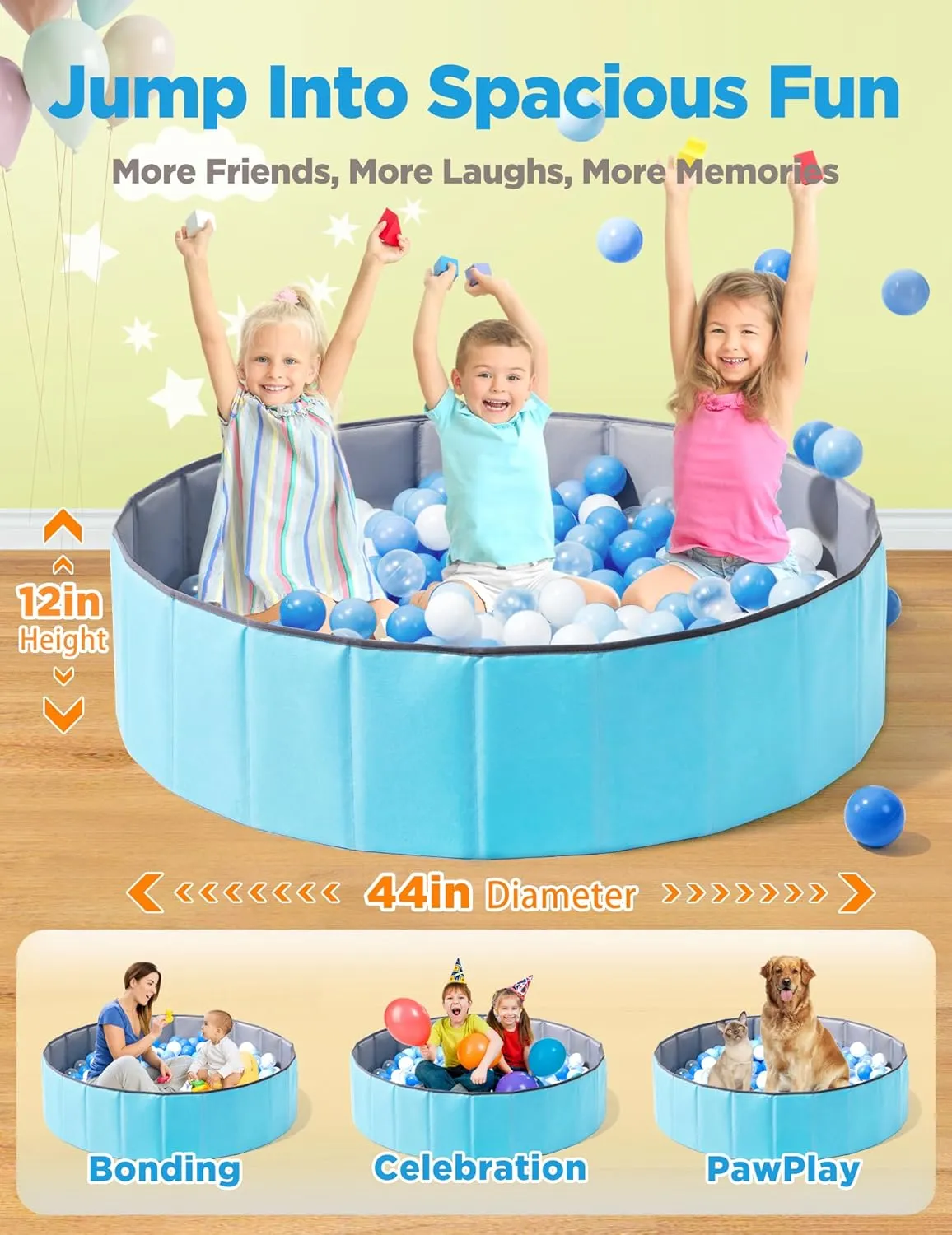 Large Ball Pit for Toddlers - 44in Baby Ball Pool with Pop-Up Playmat, Foldable Play Pit for Kids Dogs Indoor and Outdoor Game, Summer Party Toys Gifts for Kids, Balls Not Include (Blue)