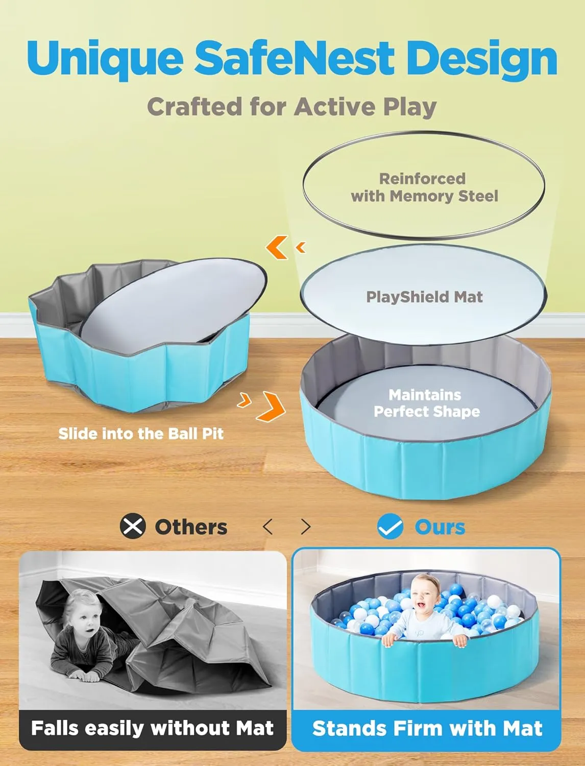 Large Ball Pit for Toddlers - 44in Baby Ball Pool with Pop-Up Playmat, Foldable Play Pit for Kids Dogs Indoor and Outdoor Game, Summer Party Toys Gifts for Kids, Balls Not Include (Blue)