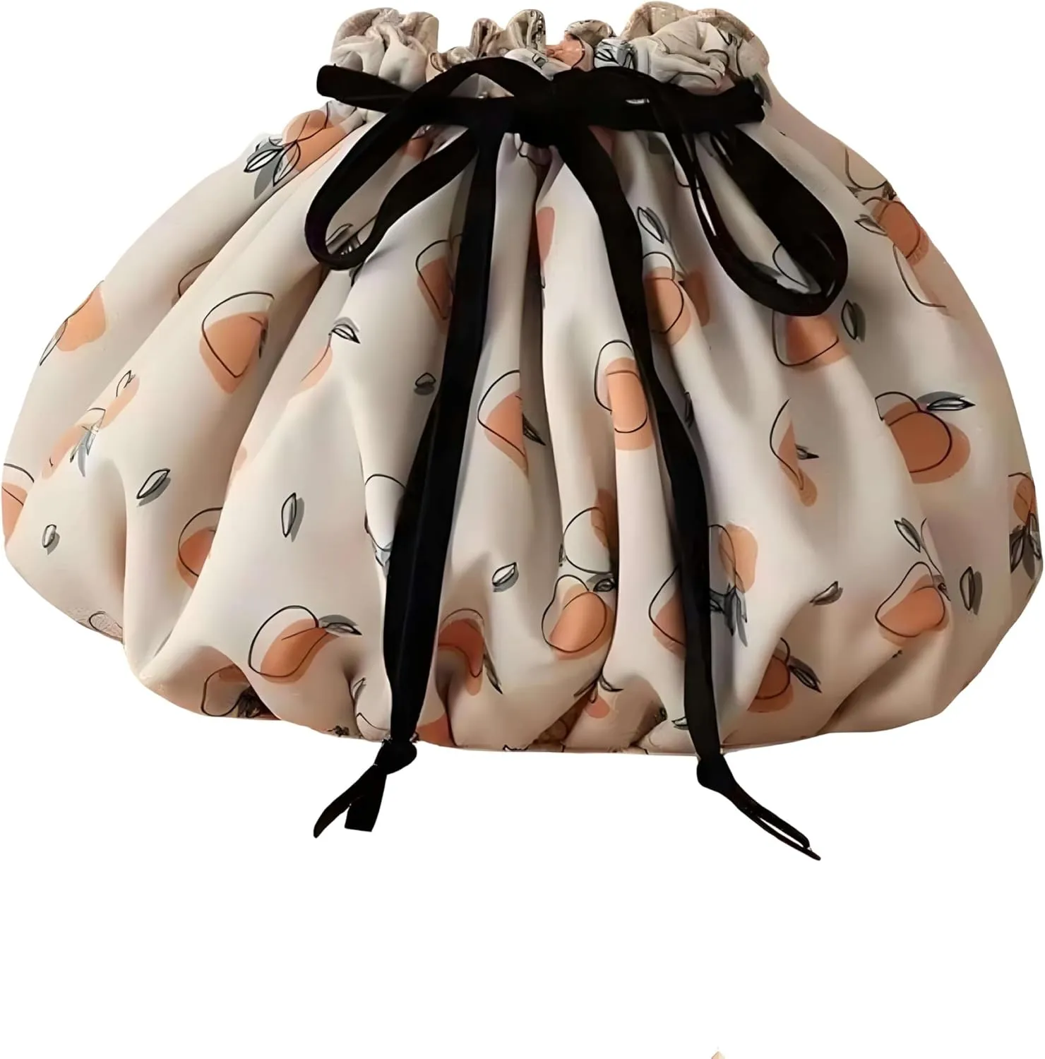 Large Capacity Drawstring Makeup Bag - Lightweight Oxford Cloth, Floral & Fruit Print, Multiple Inner Pockets, Portable for Travel & Daily Use (Milk apricot)