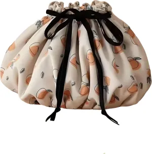 Large Capacity Drawstring Makeup Bag - Lightweight Oxford Cloth, Floral & Fruit Print, Multiple Inner Pockets, Portable for Travel & Daily Use (Milk apricot)