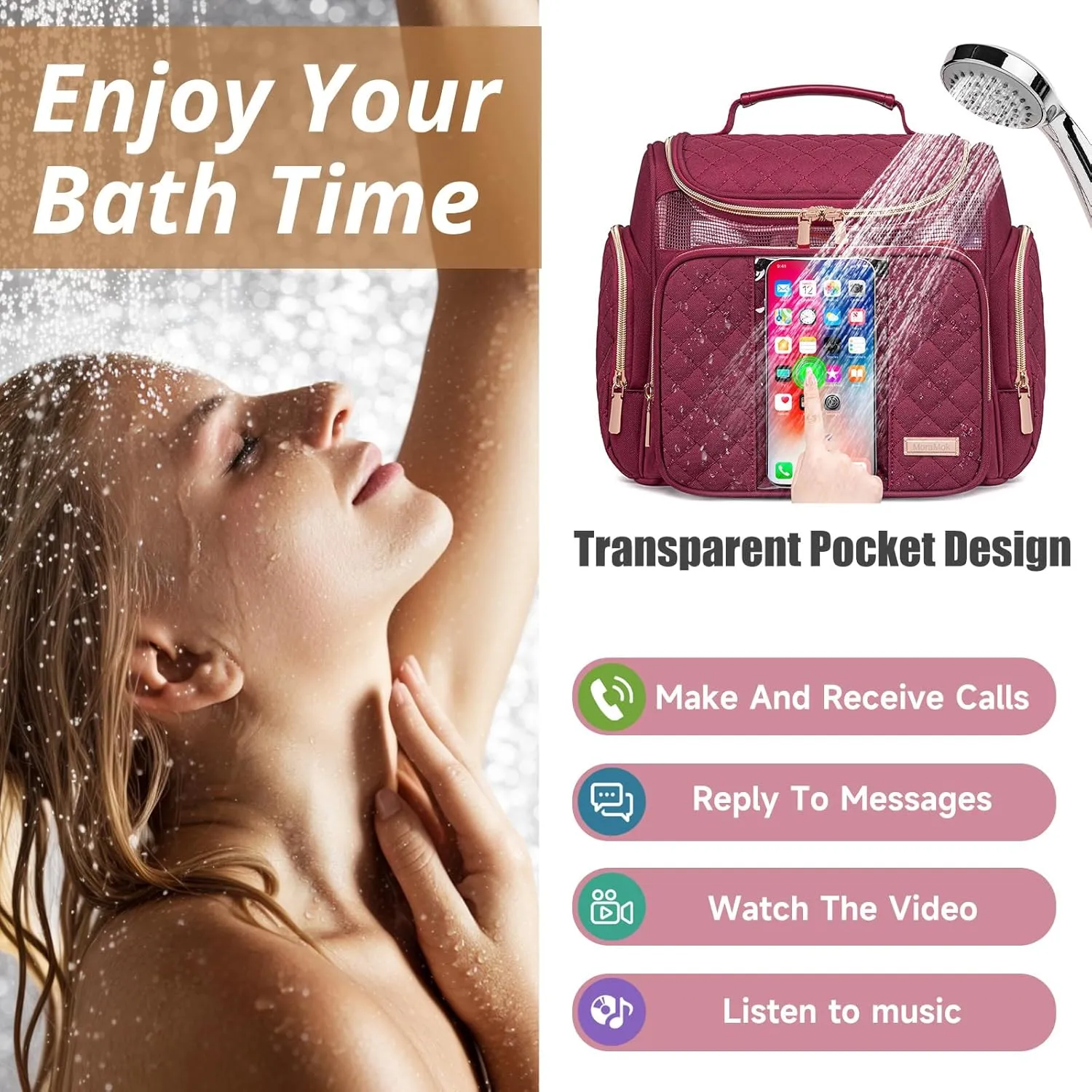 Large Toiletry Bag for Women Men,Bathroom Bag,Water Resistant Makeup Bag,Portable Shower Caddy for College Dorm,Hanging Toiletry Bags for Traveling,Shower Bag with Transparent Waterproof Phone Pocket