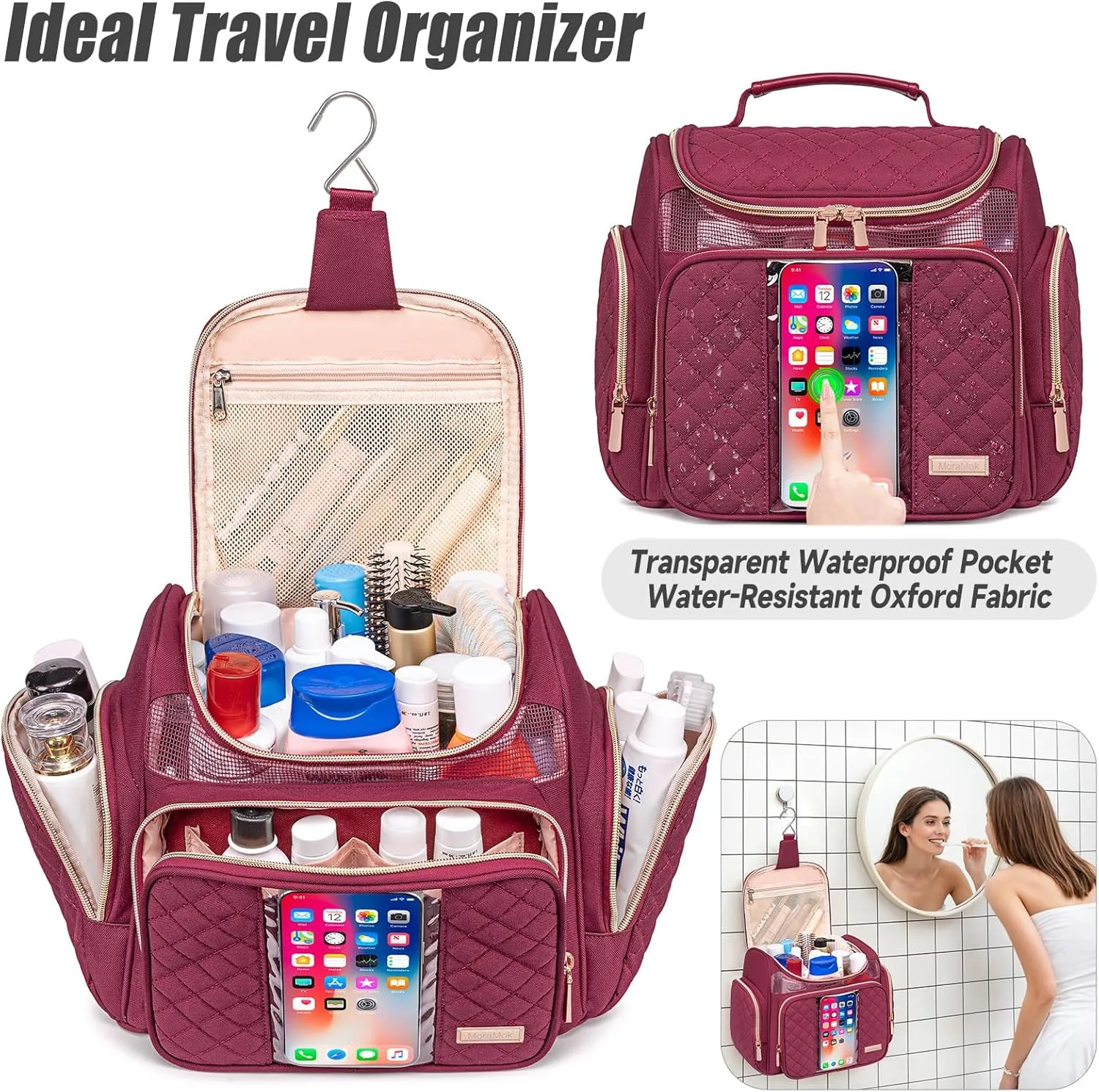 Large Toiletry Bag for Women Men,Bathroom Bag,Water Resistant Makeup Bag,Portable Shower Caddy for College Dorm,Hanging Toiletry Bags for Traveling,Shower Bag with Transparent Waterproof Phone Pocket