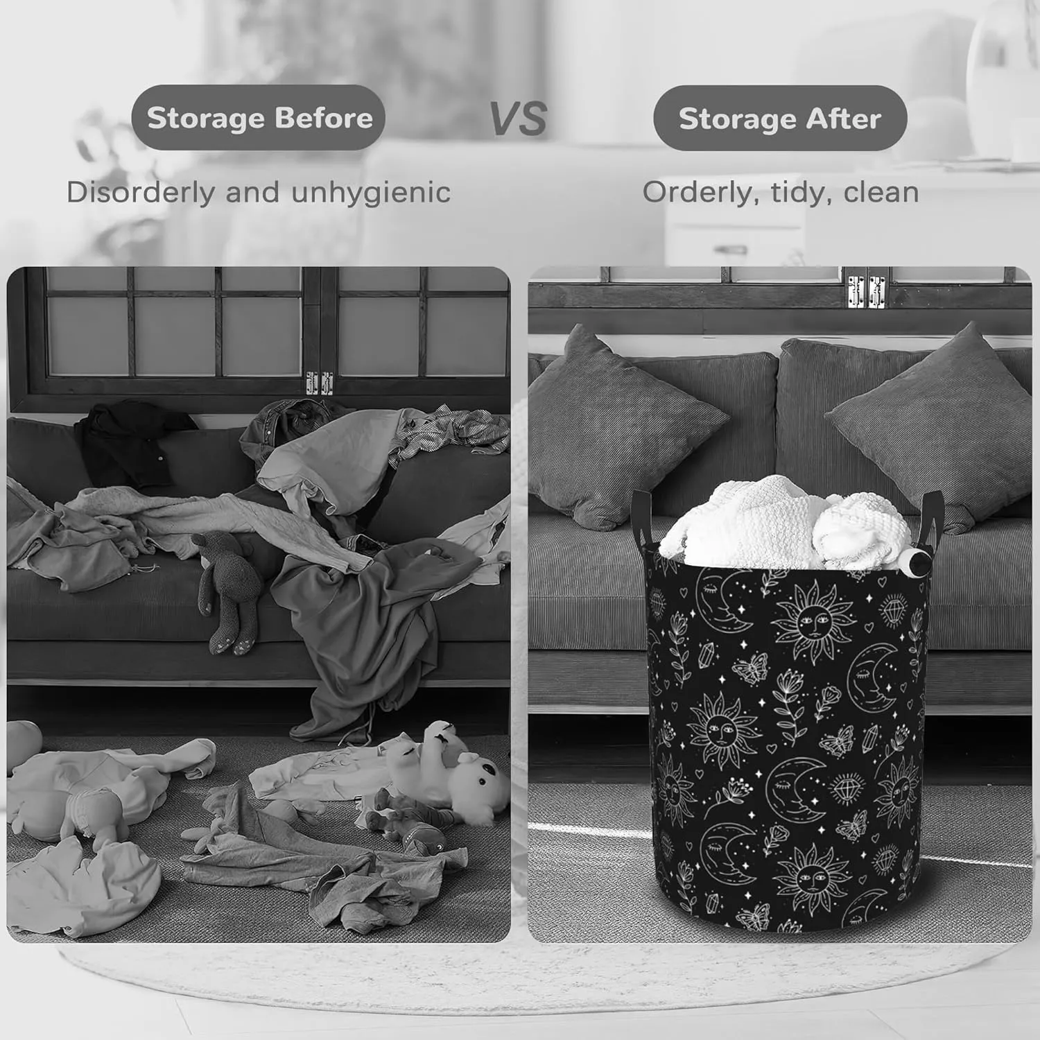 Laundry Basket,Boho Sun Moon Laundry Hamper Butterfly Flowers Collapsible Organizer Basket,Toy Storage Bin Room Decor Gift Clothes Baskets,Bedroom Children Nursery Hamper 16x20 Inch