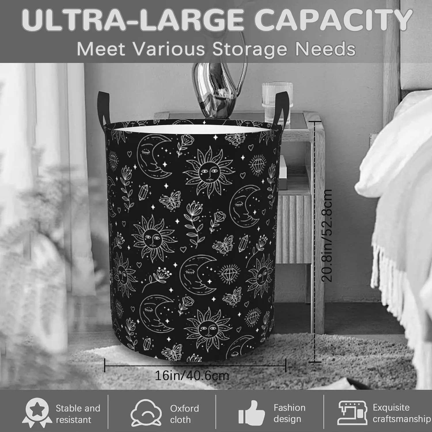 Laundry Basket,Boho Sun Moon Laundry Hamper Butterfly Flowers Collapsible Organizer Basket,Toy Storage Bin Room Decor Gift Clothes Baskets,Bedroom Children Nursery Hamper 16x20 Inch