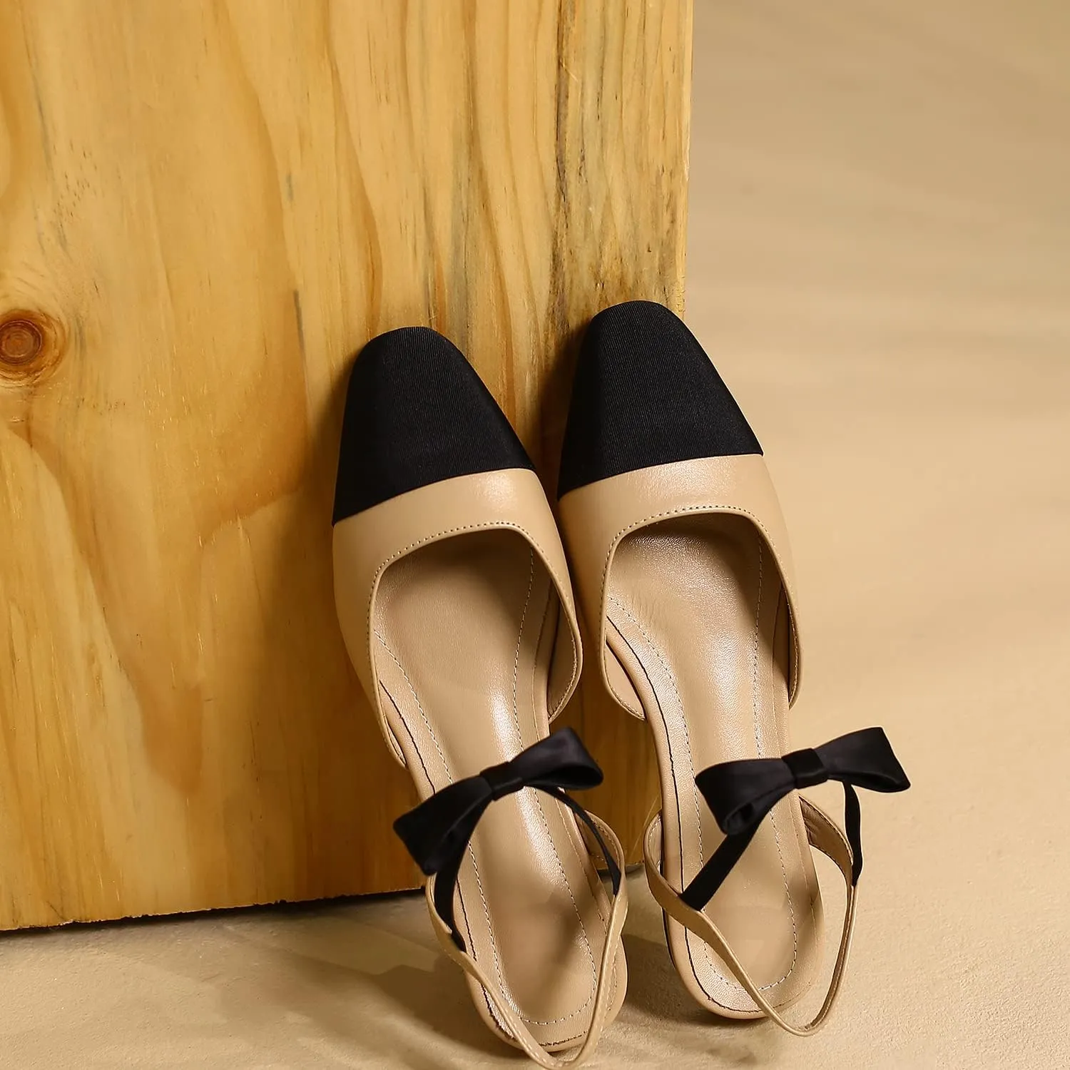 LEHOOR Chunky Heel Slingback Pumps Cap Toe Two Toned for Women, Mid Block Heel Almond Pointy Toe Sandals Quarter Strap Hollowed Backless D’Orsay Slip On Sandals Office Party Prom 5-13 M US