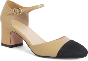 LEHOOR Chunky Heel Slingback Pumps Cap Toe Two Toned for Women, Mid Block Heel Almond Pointy Toe Sandals Quarter Strap Hollowed Backless D’Orsay Slip On Sandals Office Party Prom 5-13 M US