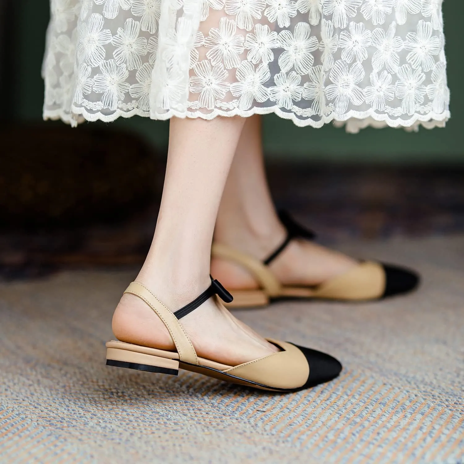 LEHOOR Chunky Heel Slingback Pumps Cap Toe Two Toned for Women, Mid Block Heel Almond Pointy Toe Sandals Quarter Strap Hollowed Backless D’Orsay Slip On Sandals Office Party Prom 5-13 M US