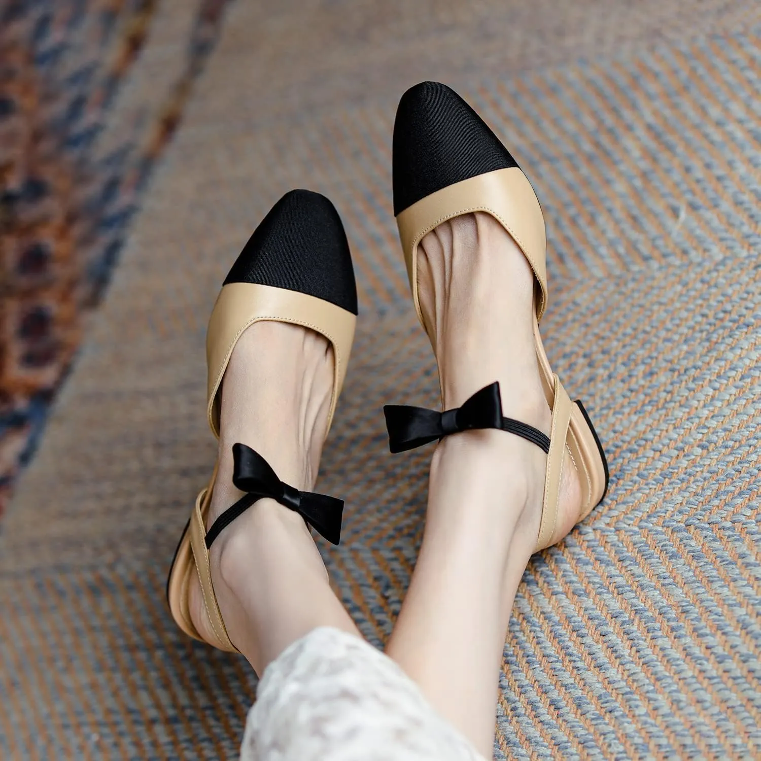 LEHOOR Chunky Heel Slingback Pumps Cap Toe Two Toned for Women, Mid Block Heel Almond Pointy Toe Sandals Quarter Strap Hollowed Backless D’Orsay Slip On Sandals Office Party Prom 5-13 M US