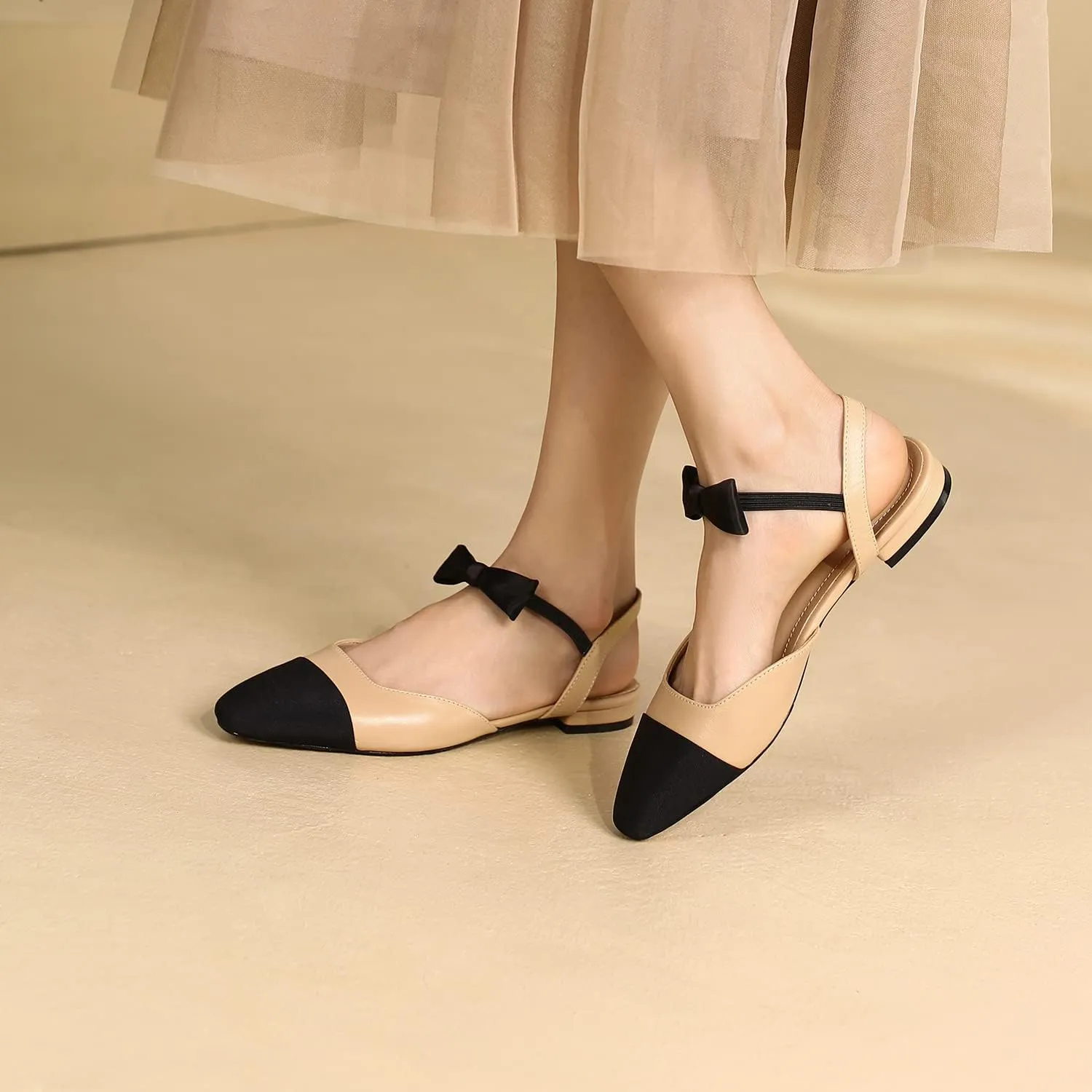 LEHOOR Chunky Heel Slingback Pumps Cap Toe Two Toned for Women, Mid Block Heel Almond Pointy Toe Sandals Quarter Strap Hollowed Backless D’Orsay Slip On Sandals Office Party Prom 5-13 M US