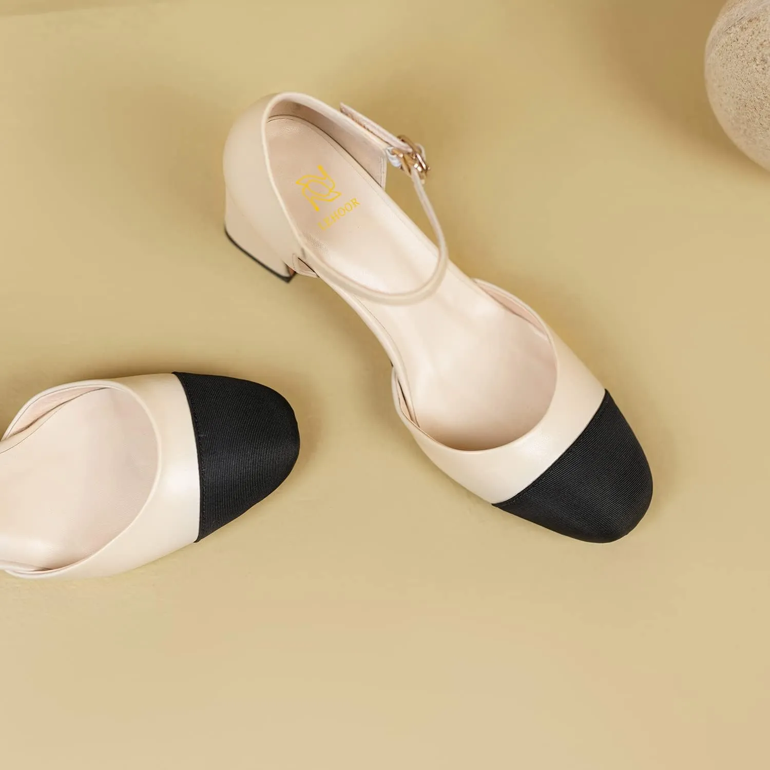 LEHOOR Chunky Heel Slingback Pumps Cap Toe Two Toned for Women, Mid Block Heel Almond Pointy Toe Sandals Quarter Strap Hollowed Backless D’Orsay Slip On Sandals Office Party Prom 5-13 M US