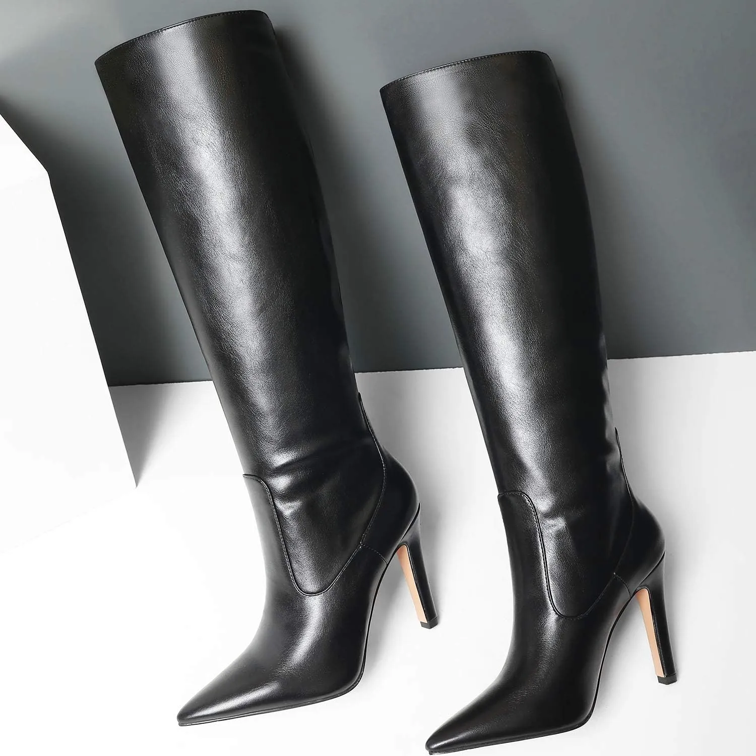 LEHOOR Women Knee High Stiletto Heel Boots Pointed Closed Toe Slip On High Heeled Dress Shoes Sexy Trendy for Ladies 4-11 M US