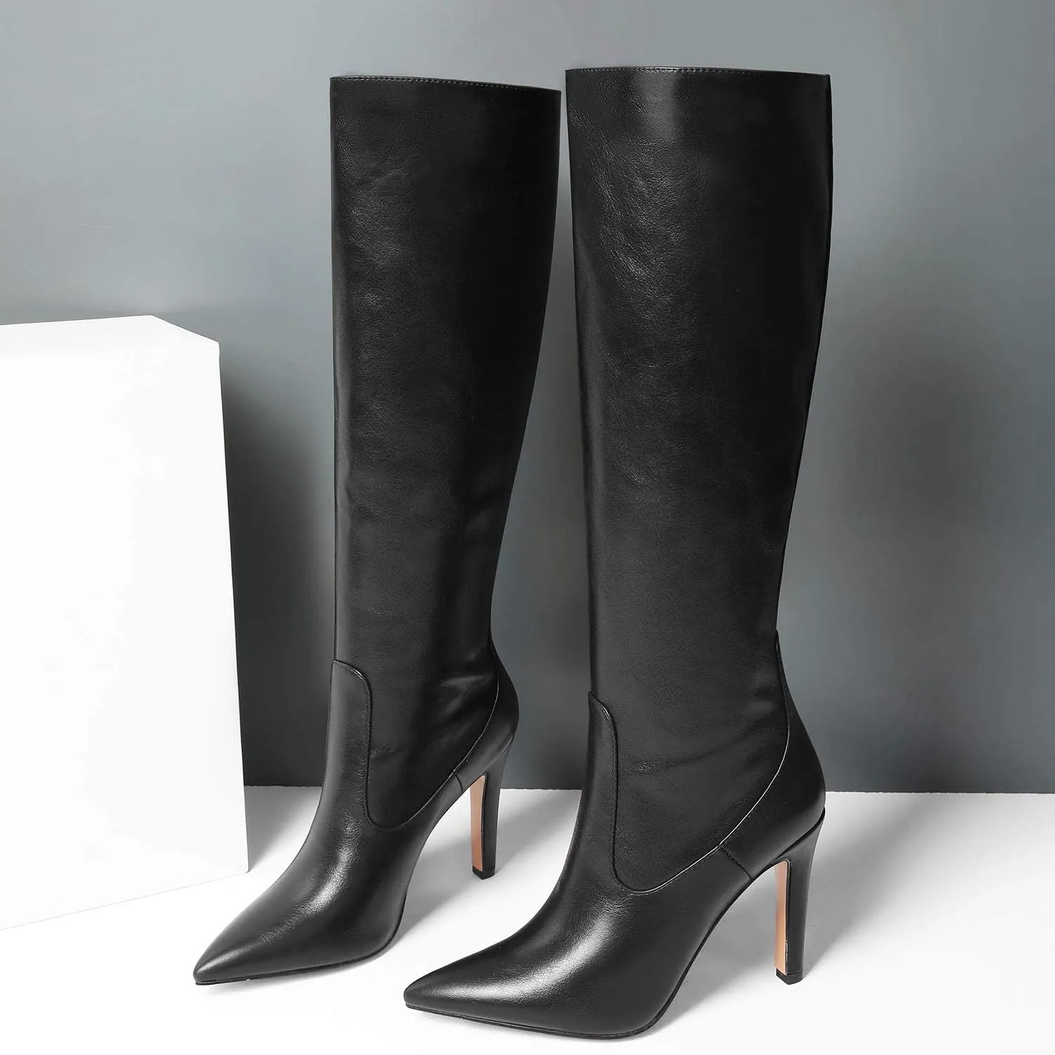 LEHOOR Women Knee High Stiletto Heel Boots Pointed Closed Toe Slip On High Heeled Dress Shoes Sexy Trendy for Ladies 4-11 M US
