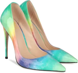 LEHOOR Women's Pointed Toe Stiletto Pumps Gradient Patent Leather Sexy Slip On 5 Inch High Heels Dress Pumps Ombre Heels Colorful Comfort Office Party Wedding Dress Shoes 4-12 M US