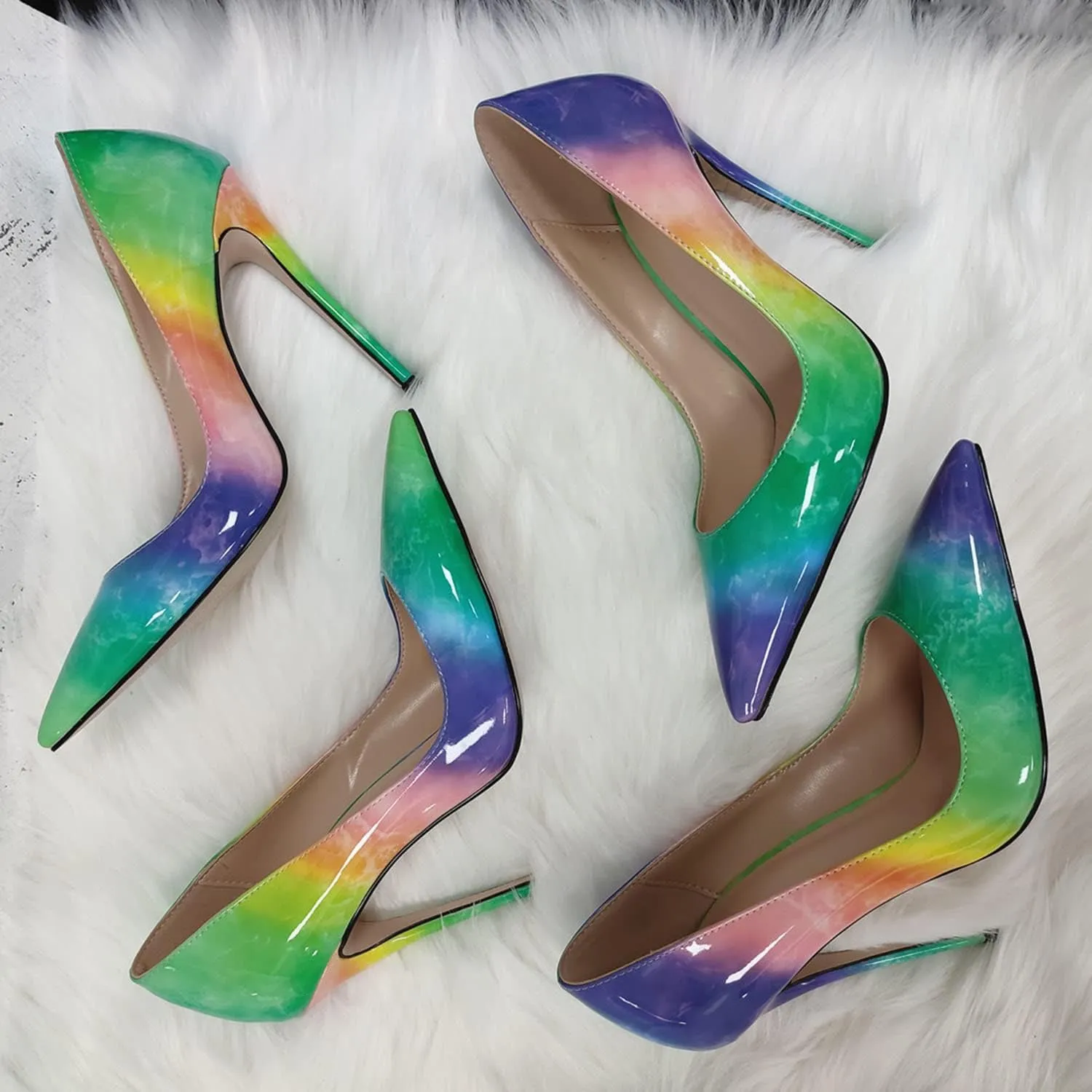 LEHOOR Women's Pointed Toe Stiletto Pumps Gradient Patent Leather Sexy Slip On 5 Inch High Heels Dress Pumps Ombre Heels Colorful Comfort Office Party Wedding Dress Shoes 4-12 M US