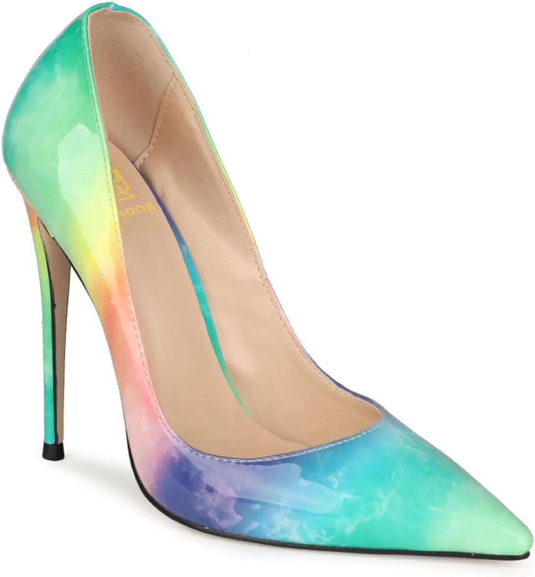 LEHOOR Women's Pointed Toe Stiletto Pumps Gradient Patent Leather Sexy Slip On 5 Inch High Heels Dress Pumps Ombre Heels Colorful Comfort Office Party Wedding Dress Shoes 4-12 M US