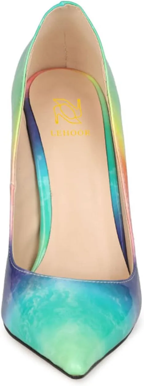 LEHOOR Women's Pointed Toe Stiletto Pumps Gradient Patent Leather Sexy Slip On 5 Inch High Heels Dress Pumps Ombre Heels Colorful Comfort Office Party Wedding Dress Shoes 4-12 M US