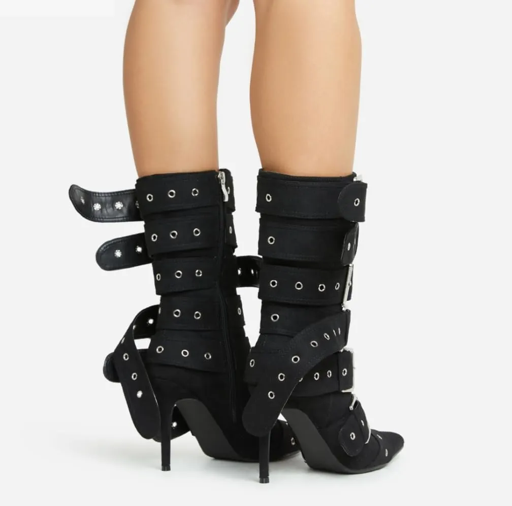 Lemonade Sylas Womens Extreme Buckle Detail Pointed Toe Stiletto Heel Ankle Boot