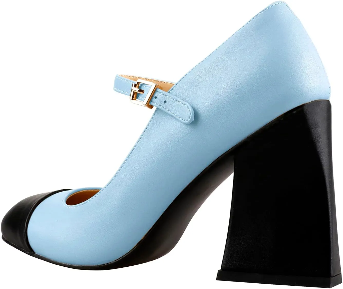 LEMUTISME Women's Chunky Block Heel Mary Jane Pumps Round Cap Toe Buckled Ankle Strap Two-Tone Matte Leather for Wedding Party