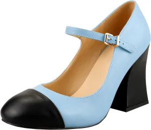 LEMUTISME Women's Chunky Block Heel Mary Jane Pumps Round Cap Toe Buckled Ankle Strap Two-Tone Matte Leather for Wedding Party