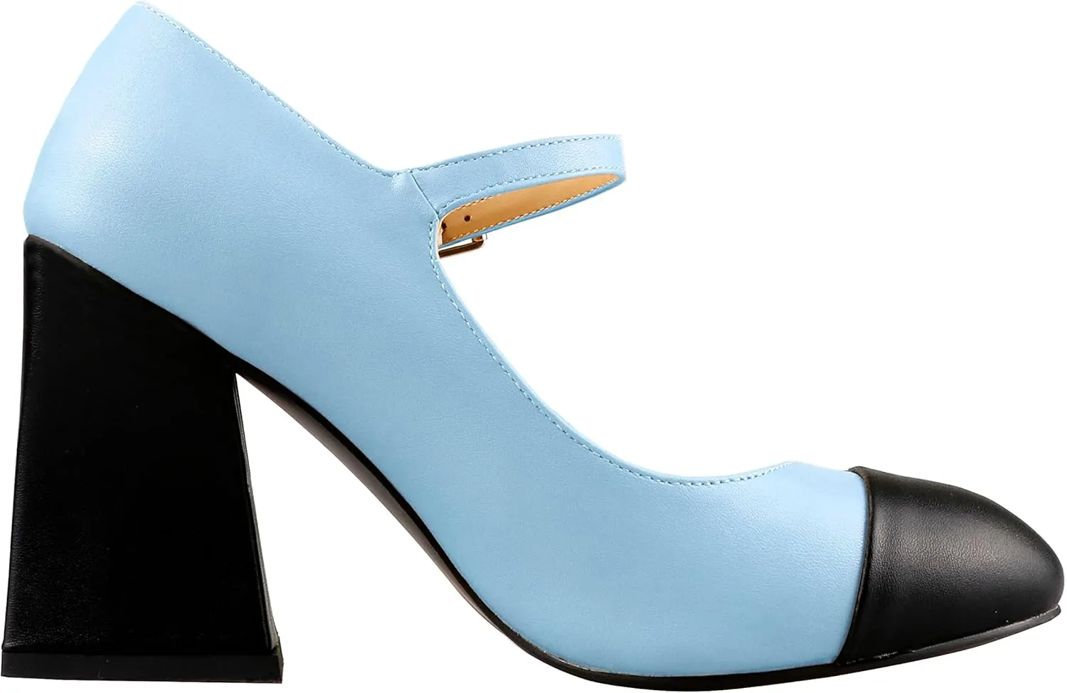LEMUTISME Women's Chunky Block Heel Mary Jane Pumps Round Cap Toe Buckled Ankle Strap Two-Tone Matte Leather for Wedding Party