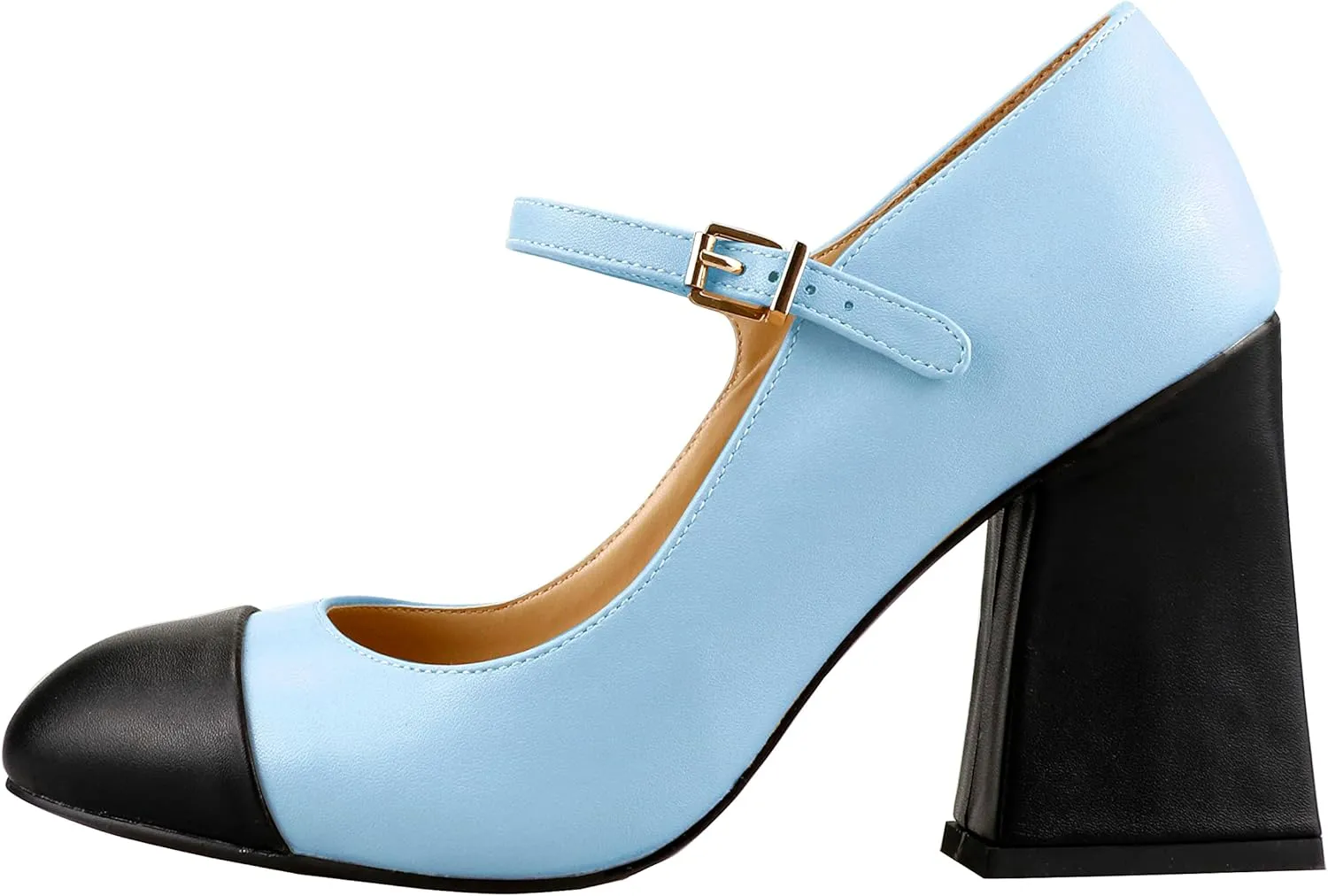 LEMUTISME Women's Chunky Block Heel Mary Jane Pumps Round Cap Toe Buckled Ankle Strap Two-Tone Matte Leather for Wedding Party