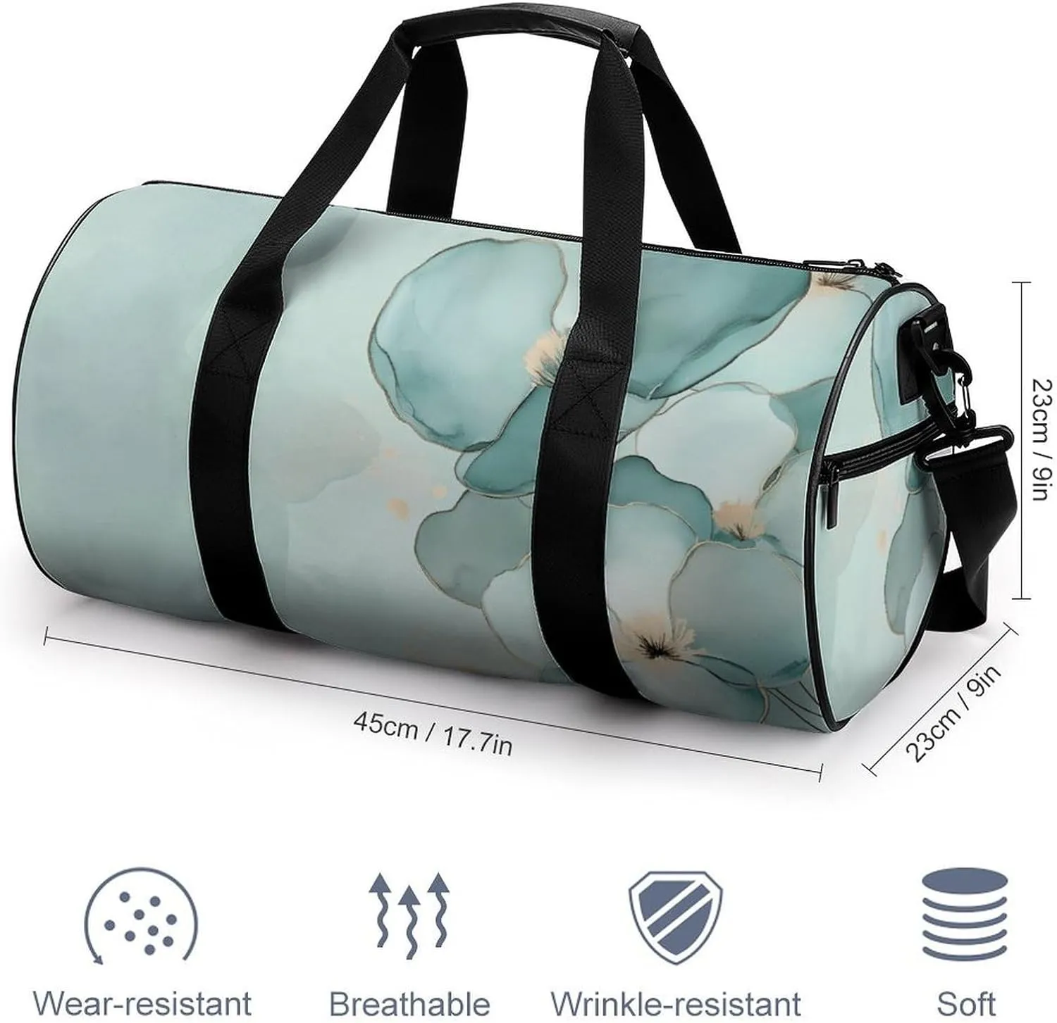 Light Green Blue Marble Abstract Travel Gym Bag for Women Men Cylindrical Duffle Bag Sport Workout Bag with Shoulder Strap