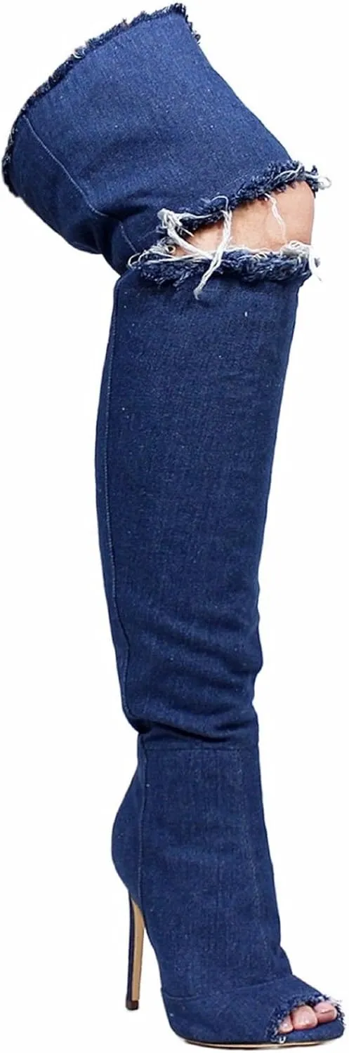 Liliana Barbara-13 Thigh High Over Knee Denim Open Toe Stiletto Heel Boot