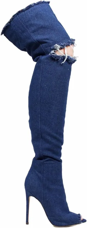 Liliana Barbara-13 Thigh High Over Knee Denim Open Toe Stiletto Heel Boot