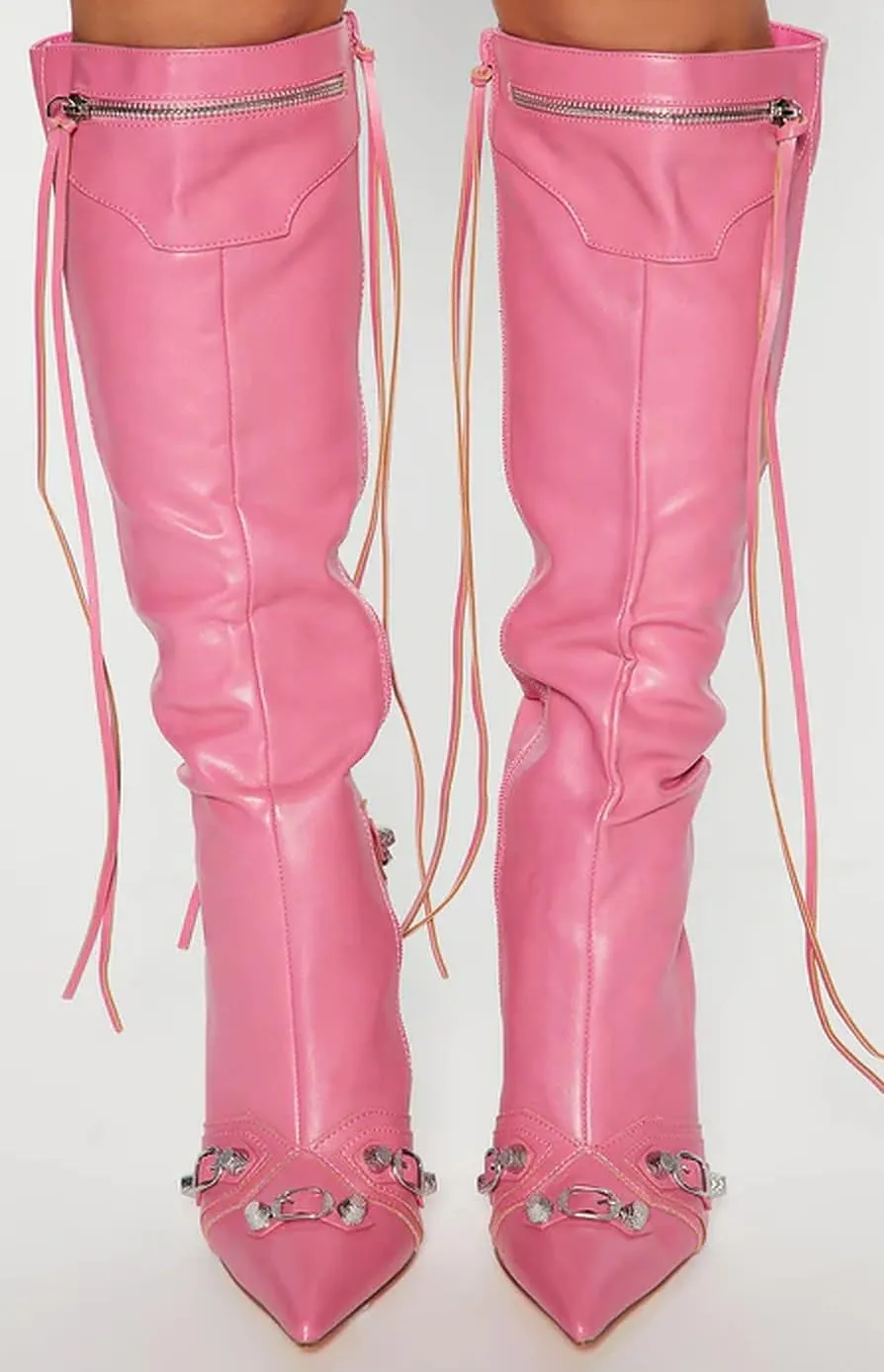 Liliana Womem Knee High Boots Pointed Toe Stiletto Heels Side Zipper Rivets Tassels Boots Bexie-3