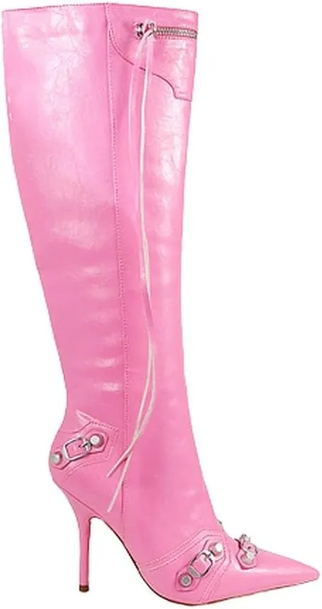Liliana Womem Knee High Boots Pointed Toe Stiletto Heels Side Zipper Rivets Tassels Boots Bexie-3